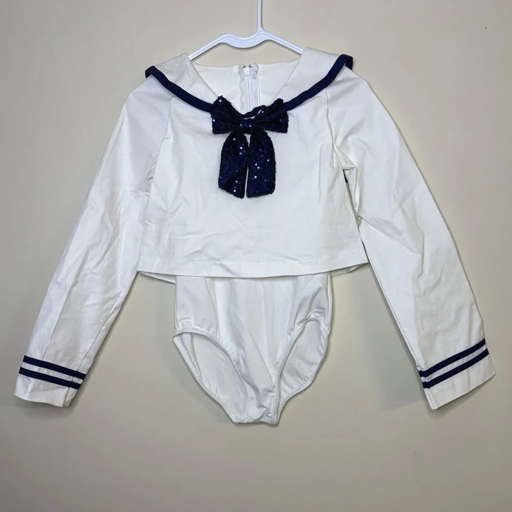 Weissman Bon Voyage Kids Large LC Sailor Dance Leotard Costume Sequin Bow Navy
